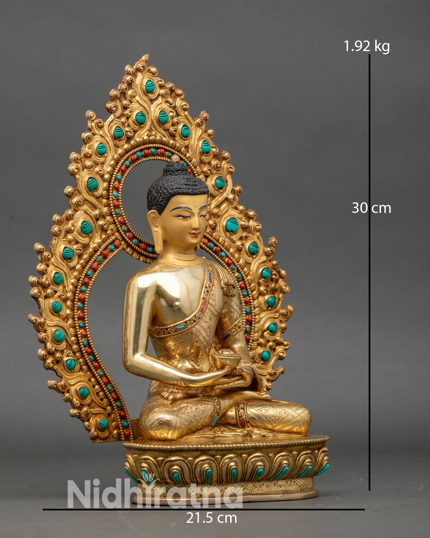 Side view Amitabha Buddha statue lotus pedestal stone inlay Himalayan art