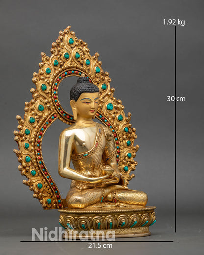 Side view Amitabha Buddha statue lotus pedestal stone inlay Himalayan art