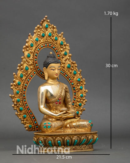 Side view Amitabha Buddha statue, lotus pedestal, turquoise and coral inlay