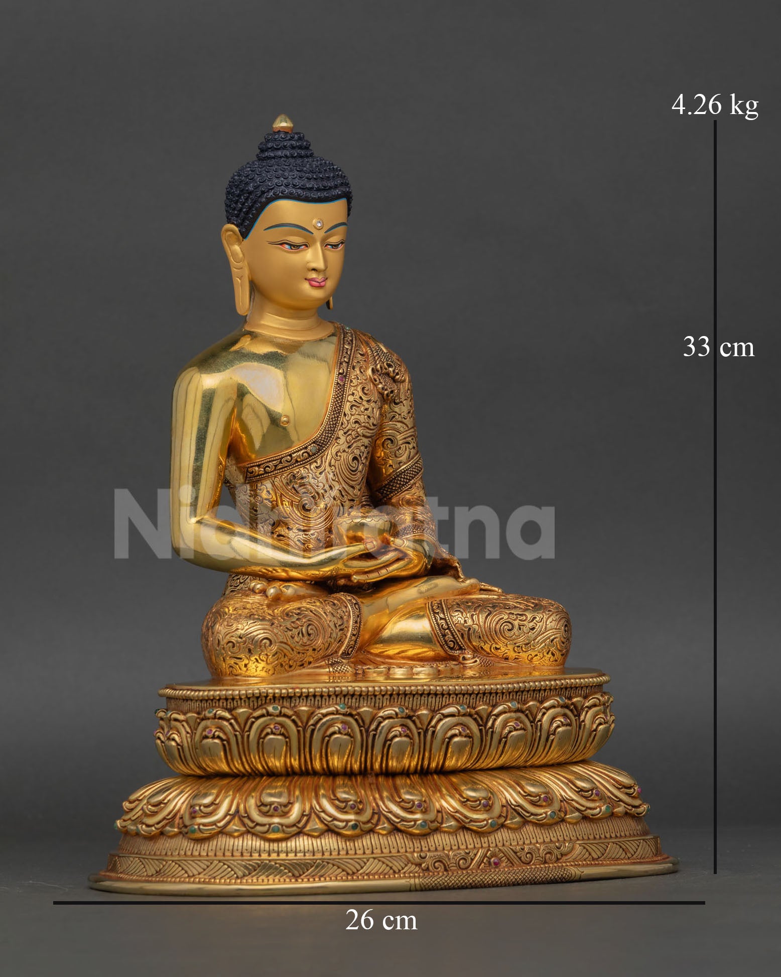 Side view of Amitabha Buddha statue, meditative seated posture, lotus pedestal, Buddhist spiritual decor 
