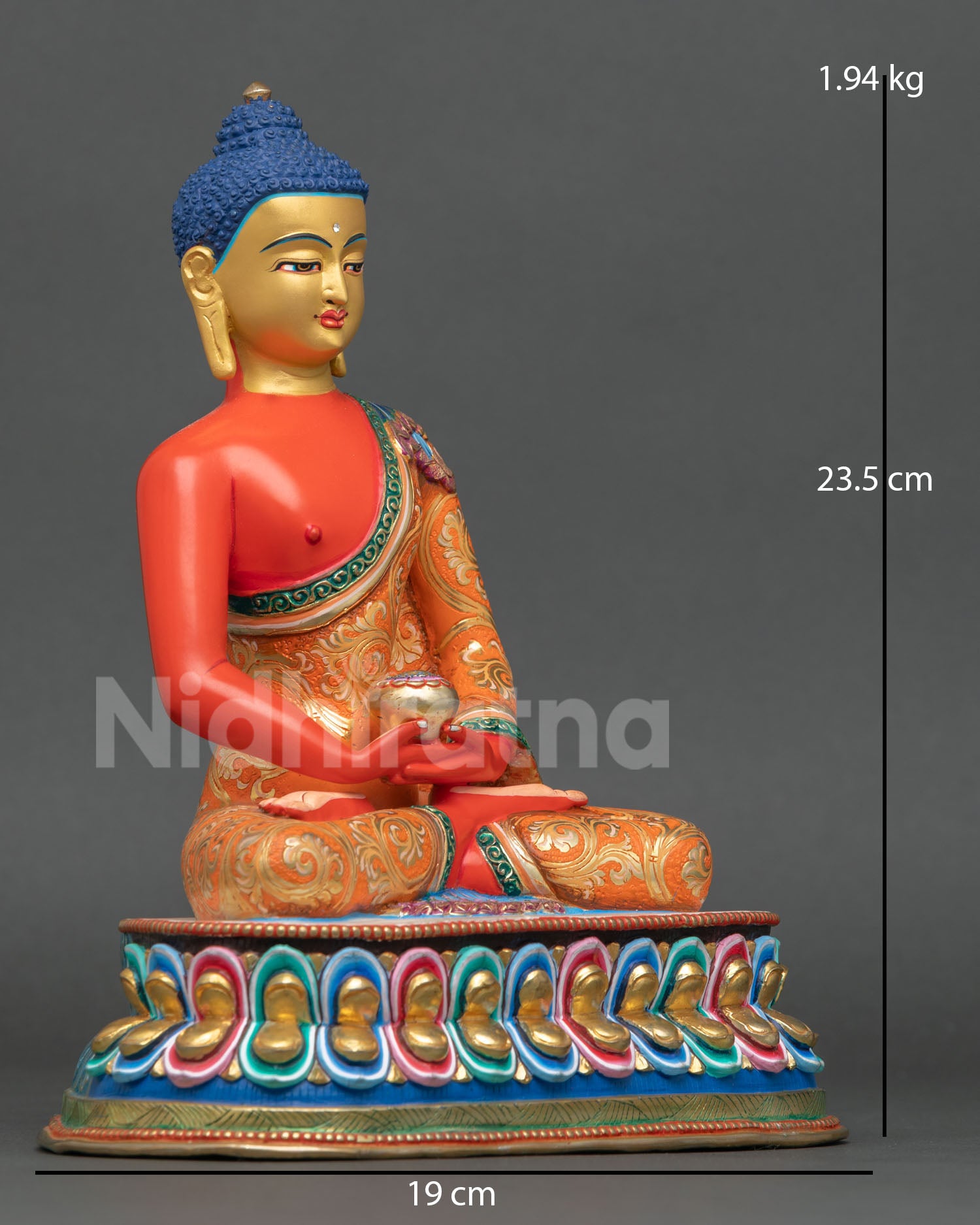 Side view of Amitabha Buddha statue seated in Dhyana Mudra with begging bowl floral robes copper body and Himalayan Newari craftsmanship