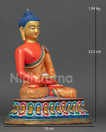 Side view of Amitabha Buddha statue seated in Dhyana Mudra with begging bowl floral robes copper body and Himalayan Newari craftsmanship