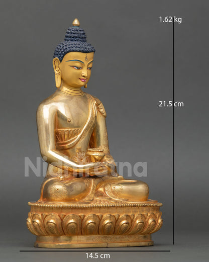 Side view of Amitabha Buddha statue seated lotus throne serene meditation posture holding alms bowl fire gilded copper Himalayan Buddhist altar sculpture