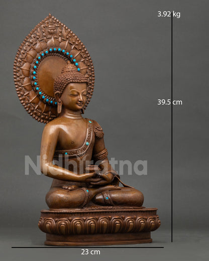 Side view of Amitabha Buddha statue seated on lotus holding alms bowl with oxidized copper monastic robe details