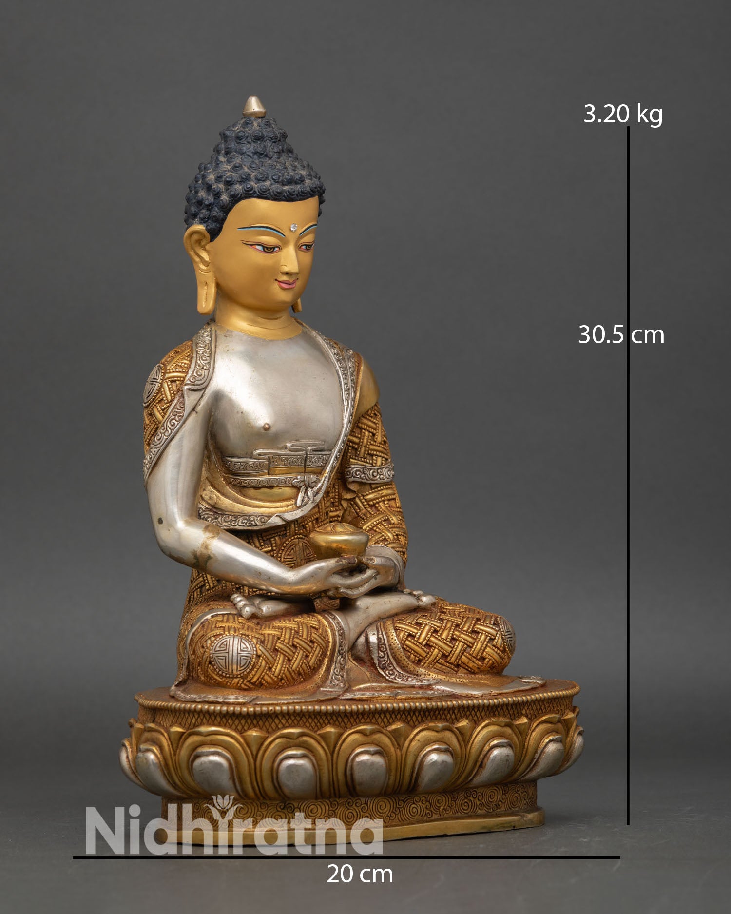 Side view of Amitabha Buddha statue silver plated copper Dhyana Mudra alms bowl