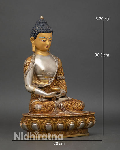 Side view of Amitabha Buddha statue silver plated copper Dhyana Mudra alms bowl