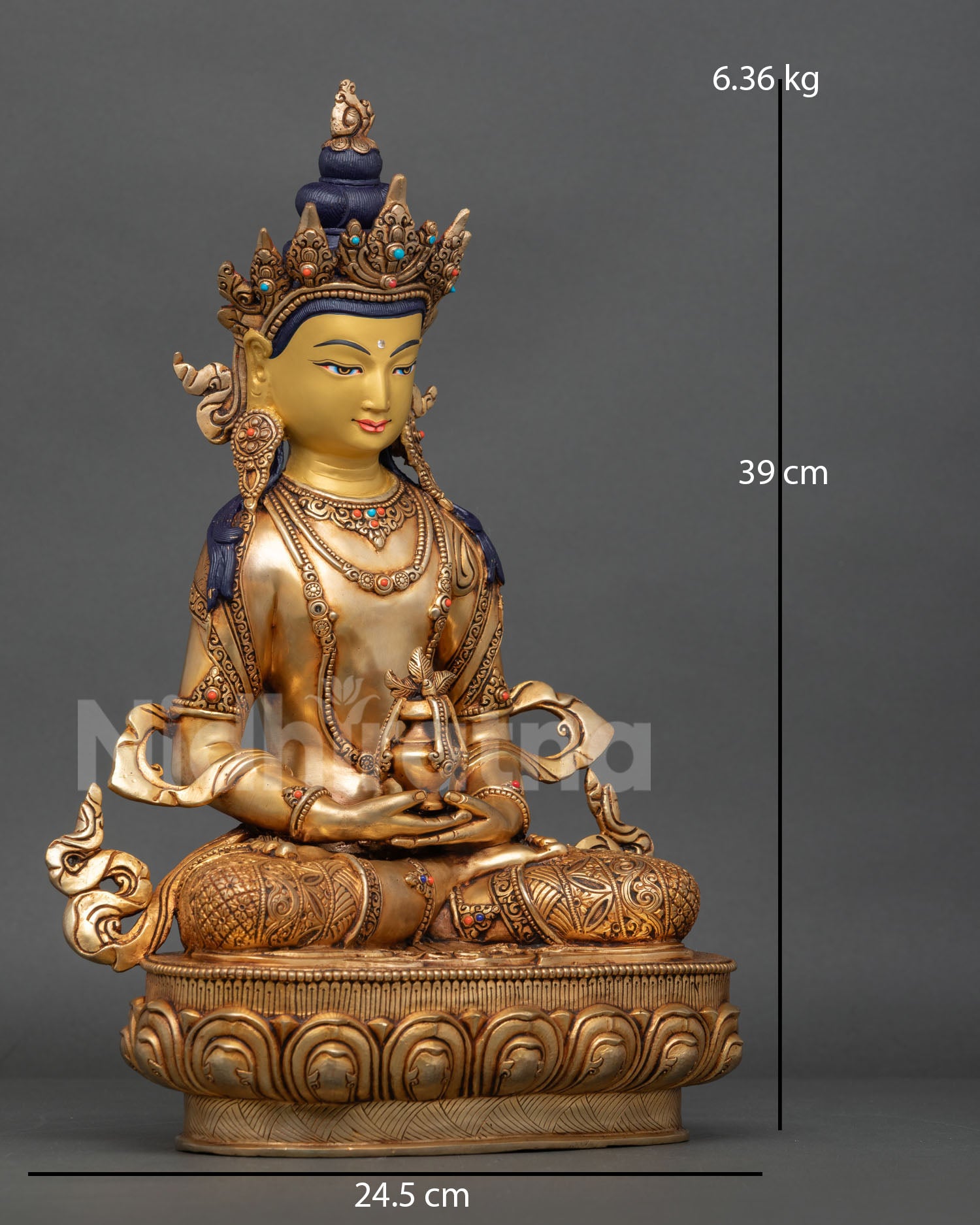 Side View of Amitayus Buddha, Seated on Lotus and Moon Disc Holding Vase, Lost Wax Statue
