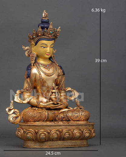 Side View of Amitayus Buddha, Seated on Lotus and Moon Disc Holding Vase, Lost Wax Statue