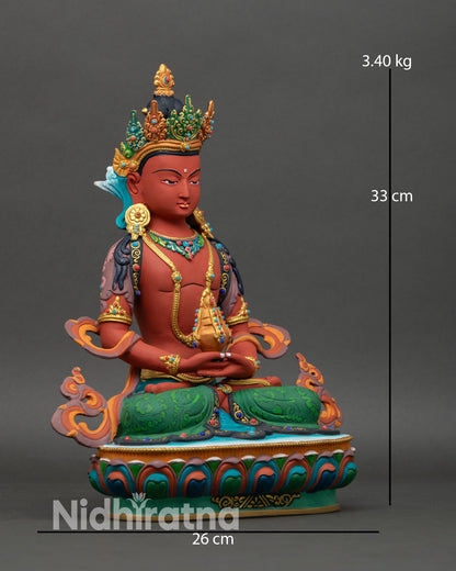 Side view of Amitayus seated on lotus holding Amrita vase symbolizing long life and healing