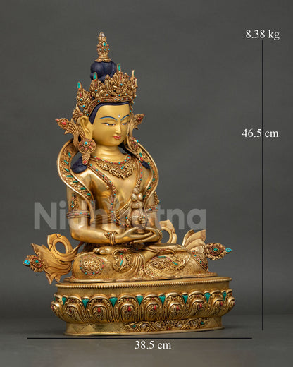 Side view of Amitayus statue, copper gold gilded flowing robes, Nepalese Buddhist art