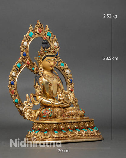 Side view Amitayus statue double lotus pedestal flowing robes semi precious stones