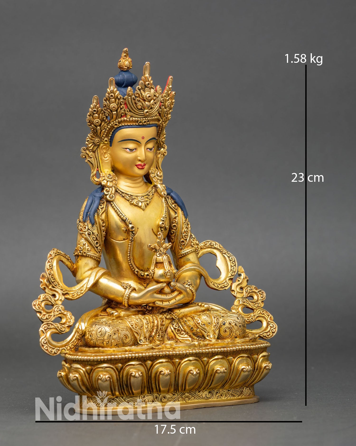 Side view Amitayus statue handcrafted Nepali copper gold