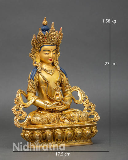 Side view Amitayus statue handcrafted Nepali copper gold