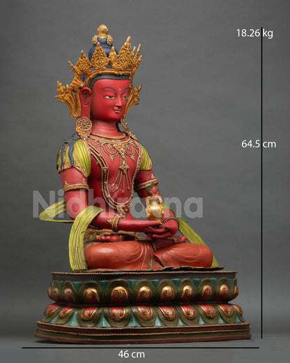Side view of Amitayus statue seated in lotus posture holding long life vase with amrita nectar symbolizing longevity and spiritual blessing