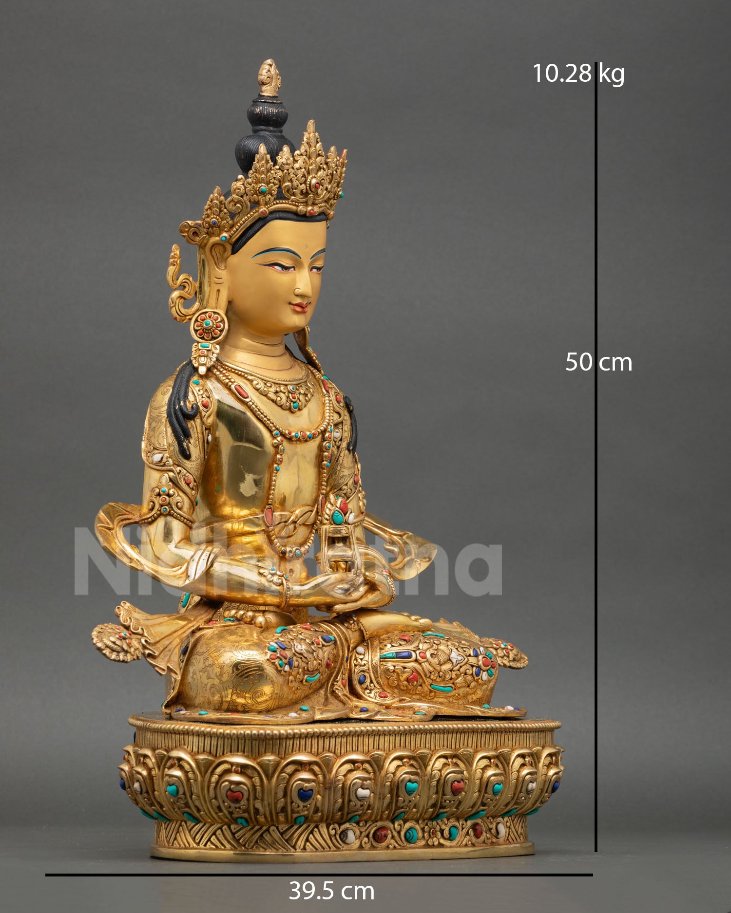 Side view of Amitayus statue seated on lotus pedestal holding longevity vase, Vajrayana Buddhist deity copper sculpture, meditation altar decor Nepal sacred art