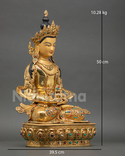 Side view of Amitayus statue seated on lotus pedestal holding longevity vase, Vajrayana Buddhist deity copper sculpture, meditation altar decor Nepal sacred art