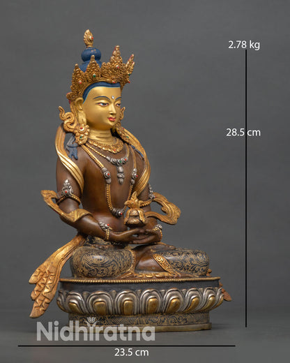 Side view of Amitayus statue vajra posture holding longevity vase copper sculpture gold gilded details spiritual healing and long life symbol art