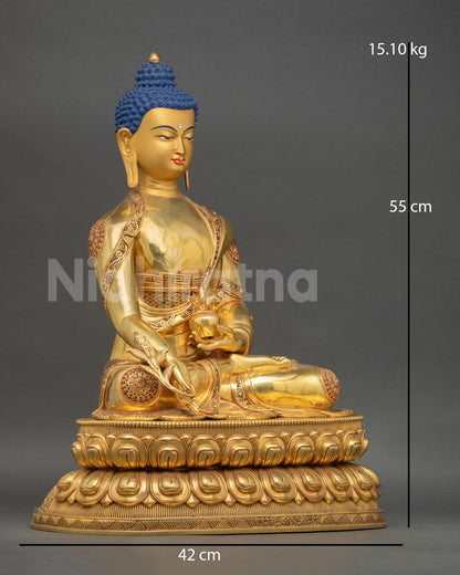 Side view of Bhaisajyaguru statue Varada mudra holding healing myrobalan plant Dhyana mudra medicine bowl copper gold gilded Vajrayana healing Buddha art