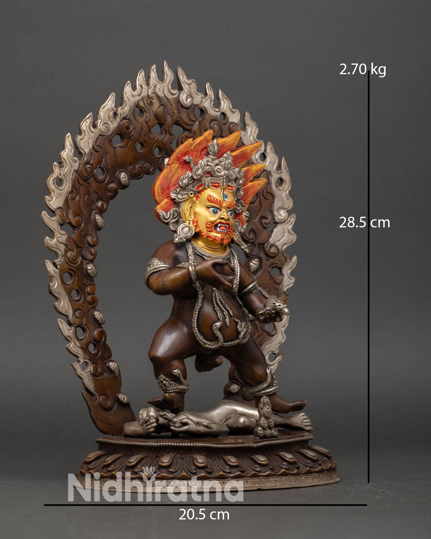 Side view Black Dzambhala statue dynamic posture jewel spitting mongoose wrathful halo copper Buddhist sculpture