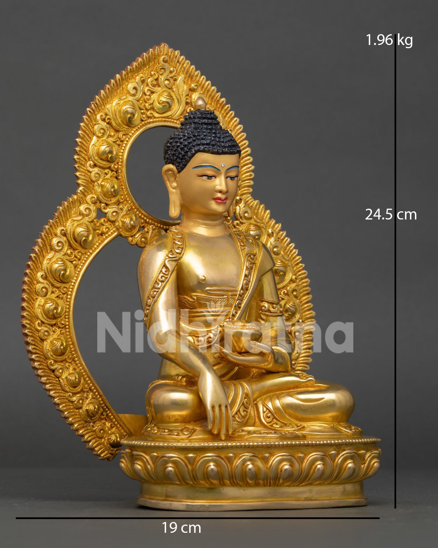 Side view of Buddha statue in earth touching mudra holding begging bowl on lotus seat