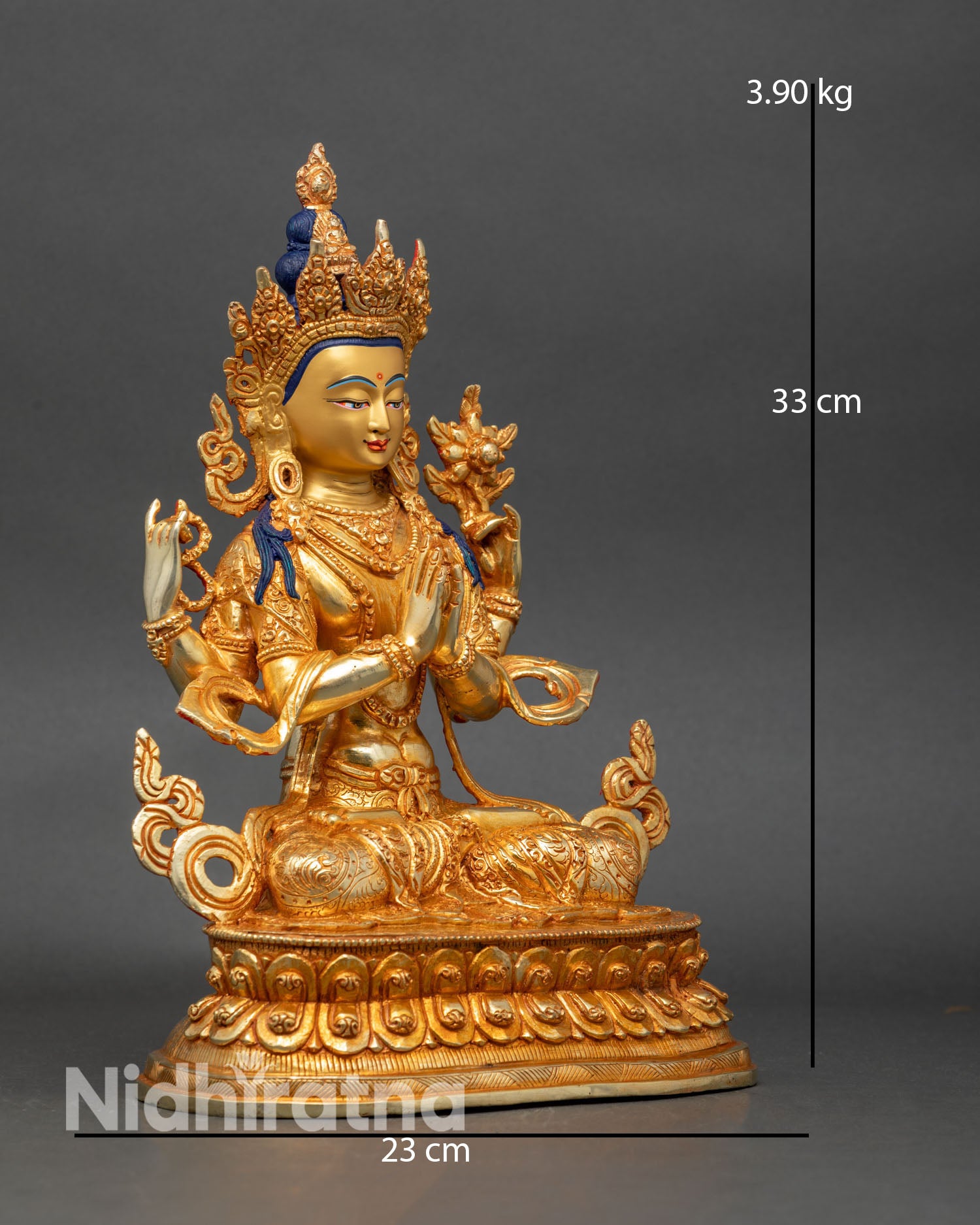 Side view of Chenrezig Avalokiteshvara statue hand-painted lotus pedestal flowing robes