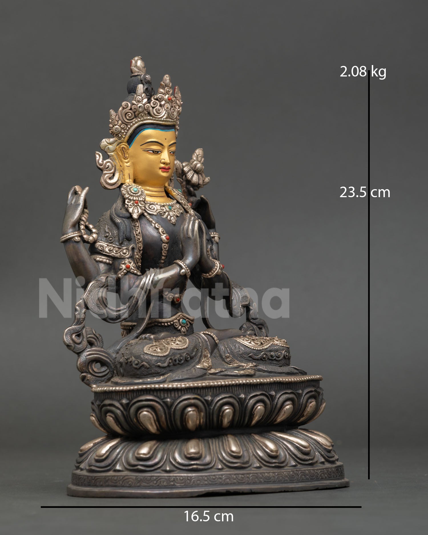 Side view of Chenrezig Bodhisattva statue seated on double lotus pedestal copper silver plated finish meditation Buddhist decor Himalayan spiritual art