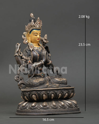 Side view of Chenrezig Bodhisattva statue seated on double lotus pedestal copper silver plated finish meditation Buddhist decor Himalayan spiritual art