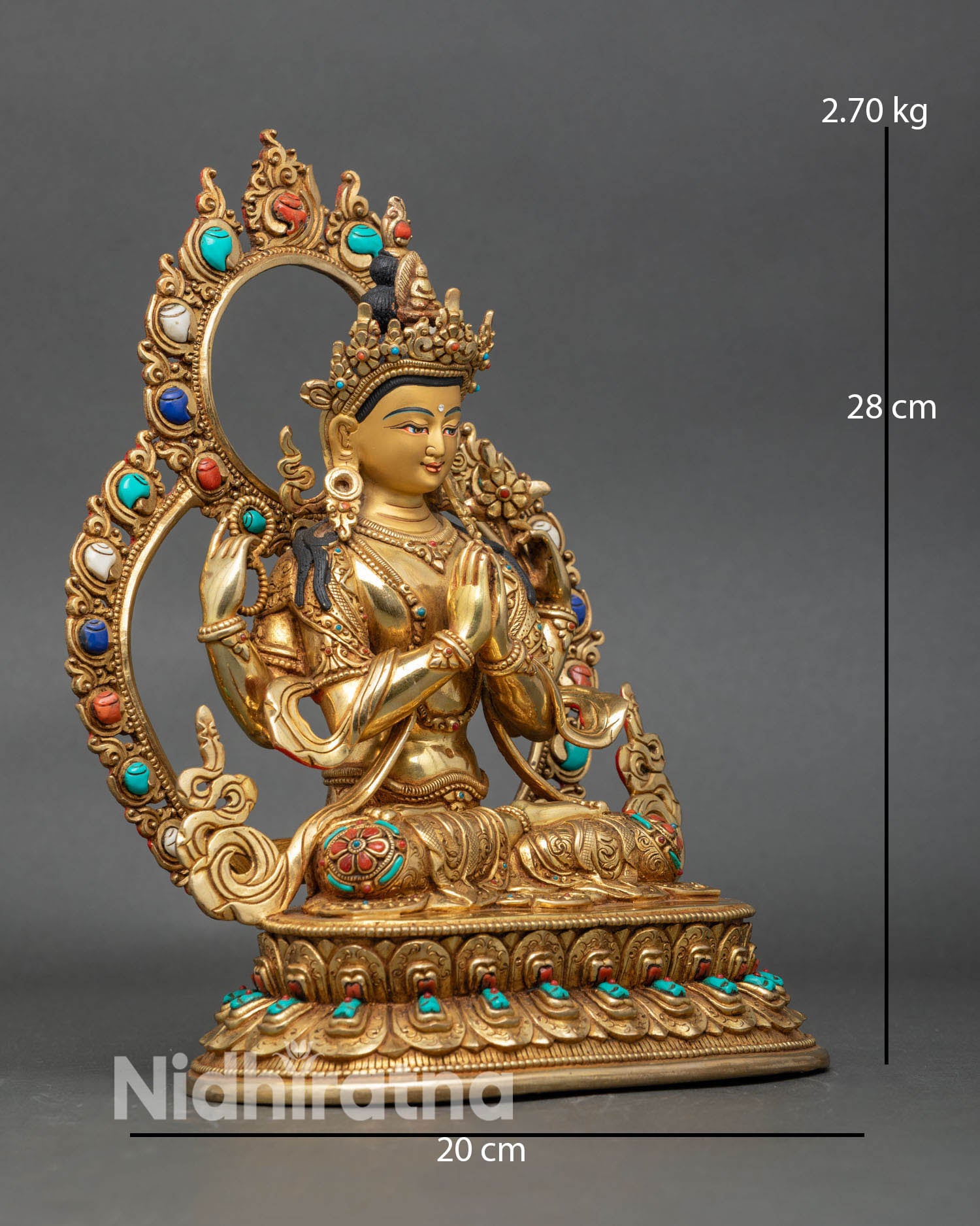 Side view Chenrezig statue four arms lotus flower mala beads flowing robes
