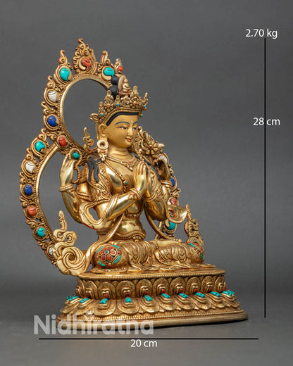 Side view Chenrezig statue four arms lotus flower mala beads flowing robes