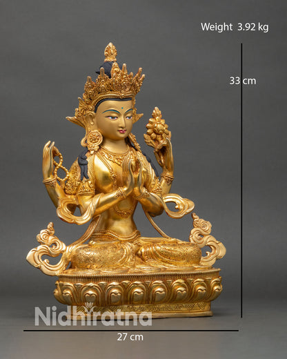 Side view Chenrezig statue lotus throne crystal mala lotus gem spiritual decor