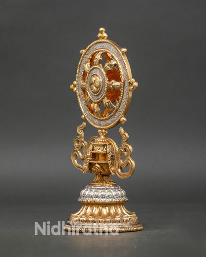 Side view Dharma Wheel handcrafted Nepalese copper sacred symbol
