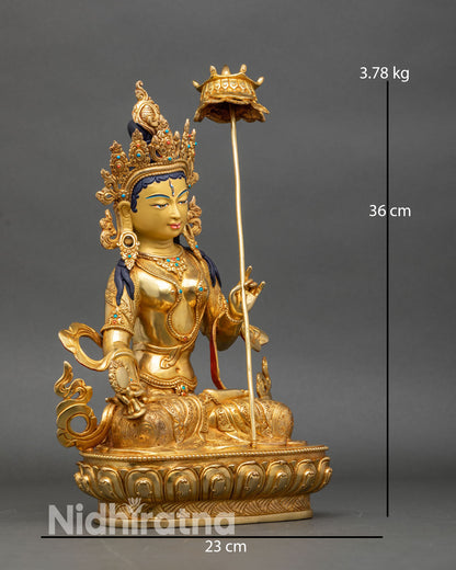 Side view Dukar statue seated on lotus in vajrasana with hand carved Nepalese craftsmanship