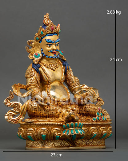 Side view of Dzambhala, seated lotus pedestal, mongoose and citron fruit symbols prosperity, spiritual decor