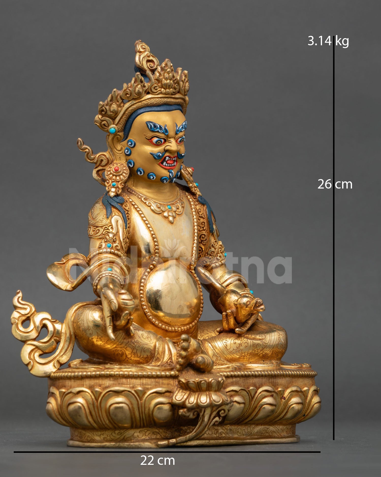 Side view of Dzambhala seated lotus pedestal right leg resting on conch jewel mongoose and citron symbols of prosperity Nepal Buddhist art
