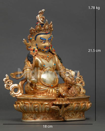Side view of Dzambhala seated posture, lotus seat, lost wax casting, Himalayan Buddhist prosperity sculpture