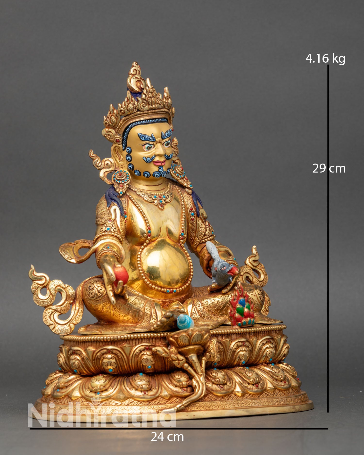 Side view Dzambhala statue holding mongoose and jewel prosperity Buddhist decor