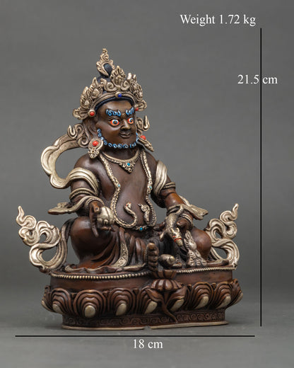 Side view Dzambhala statue traditional seated posture copper sculpture for meditation and wealth