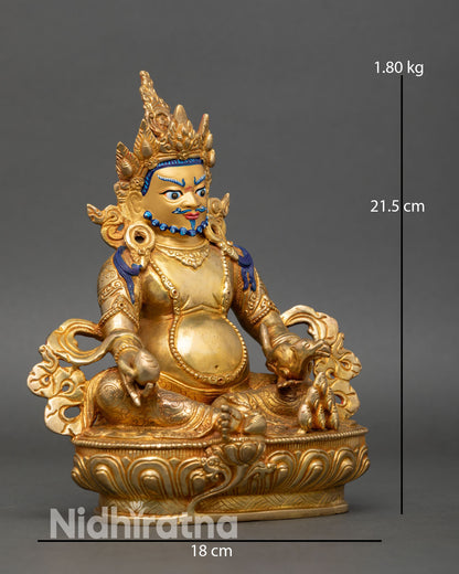 Side view Dzambhala wealth deity statue seated posture lotus base copper sculpture, Himalayan Buddhist art