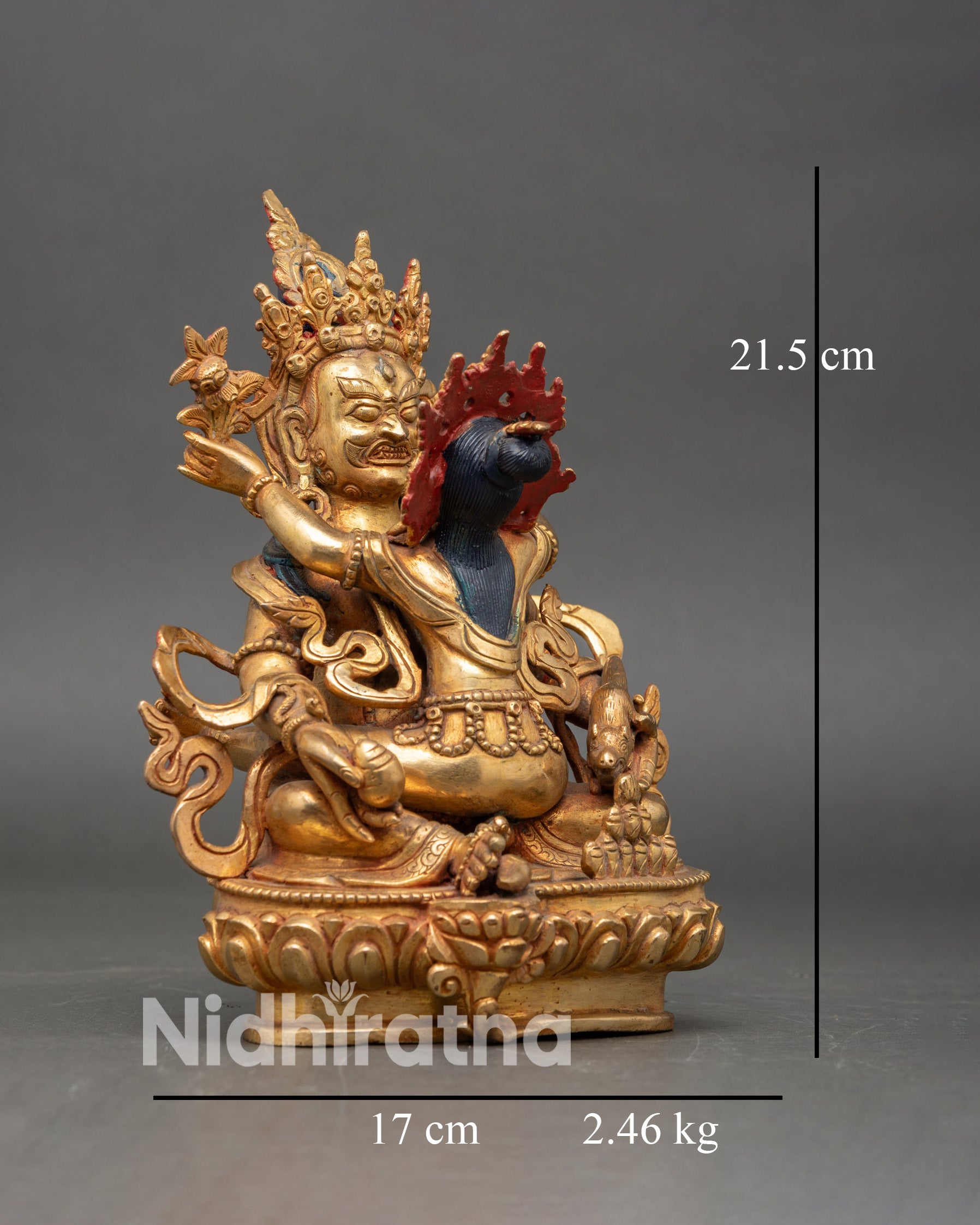 Side view of Dzambhala with Consort statue lotus throne ritual implements handcrafted Himalayan art