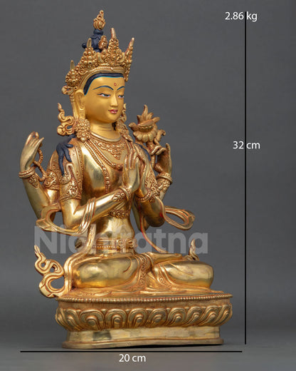 Side view of Four-Armed Chenrezig statue joined hands holding wish fulfilling jewel crystal mala jeweled lotus handmade copper sacred art