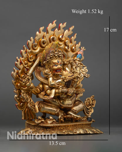 Side view of Four Armed Mahakala statue holding sword, consort, lotus throne, fire halo, copper Tibetan Buddhist ritual sculpture