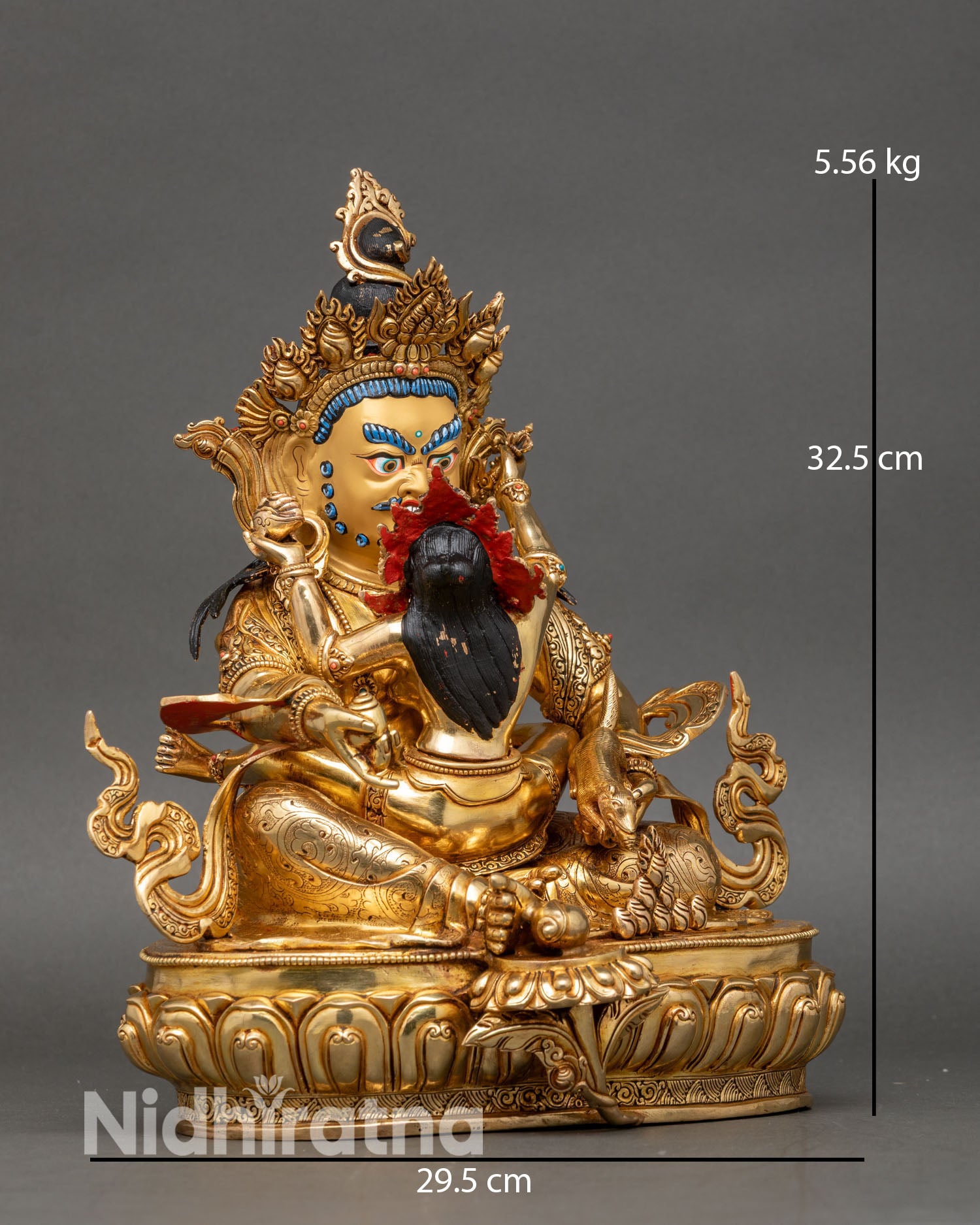 Side view of Green Dzambhala Yab Yum statue holding a jewel-spitting mongoose and a wish-fulfilling jewel.