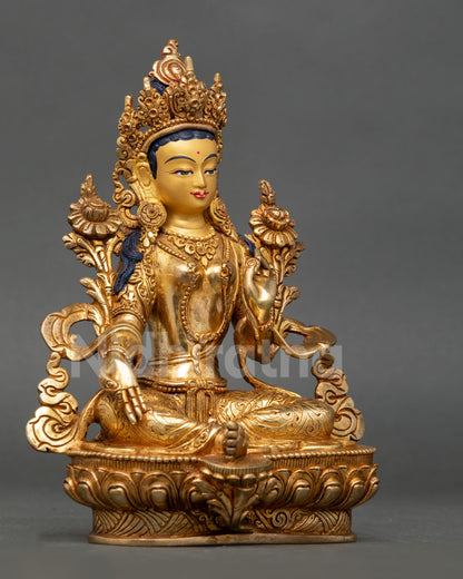 Side View of Green Tara Statue Displaying Abhaya Mudra on Lotus Seat Gold Gilded Copper