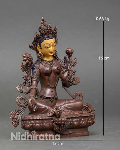 Side view of Green Tara statue seated on double lotus throne showing Varada Mudra and Abhaya Mudra copper sculpture handcrafted in Kathmandu Valley