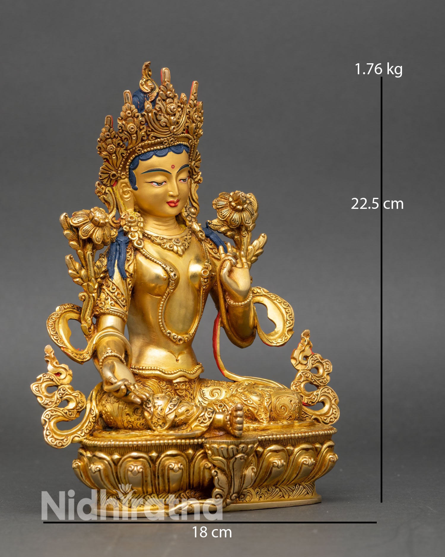 Side view Green Tara statue Himalayan artisans copper gilded gold