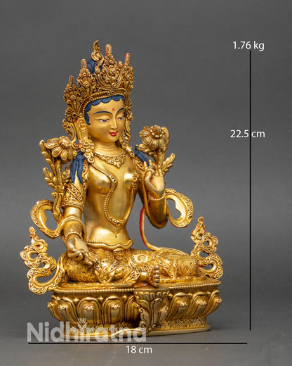 Side view Green Tara statue Himalayan artisans copper gilded gold