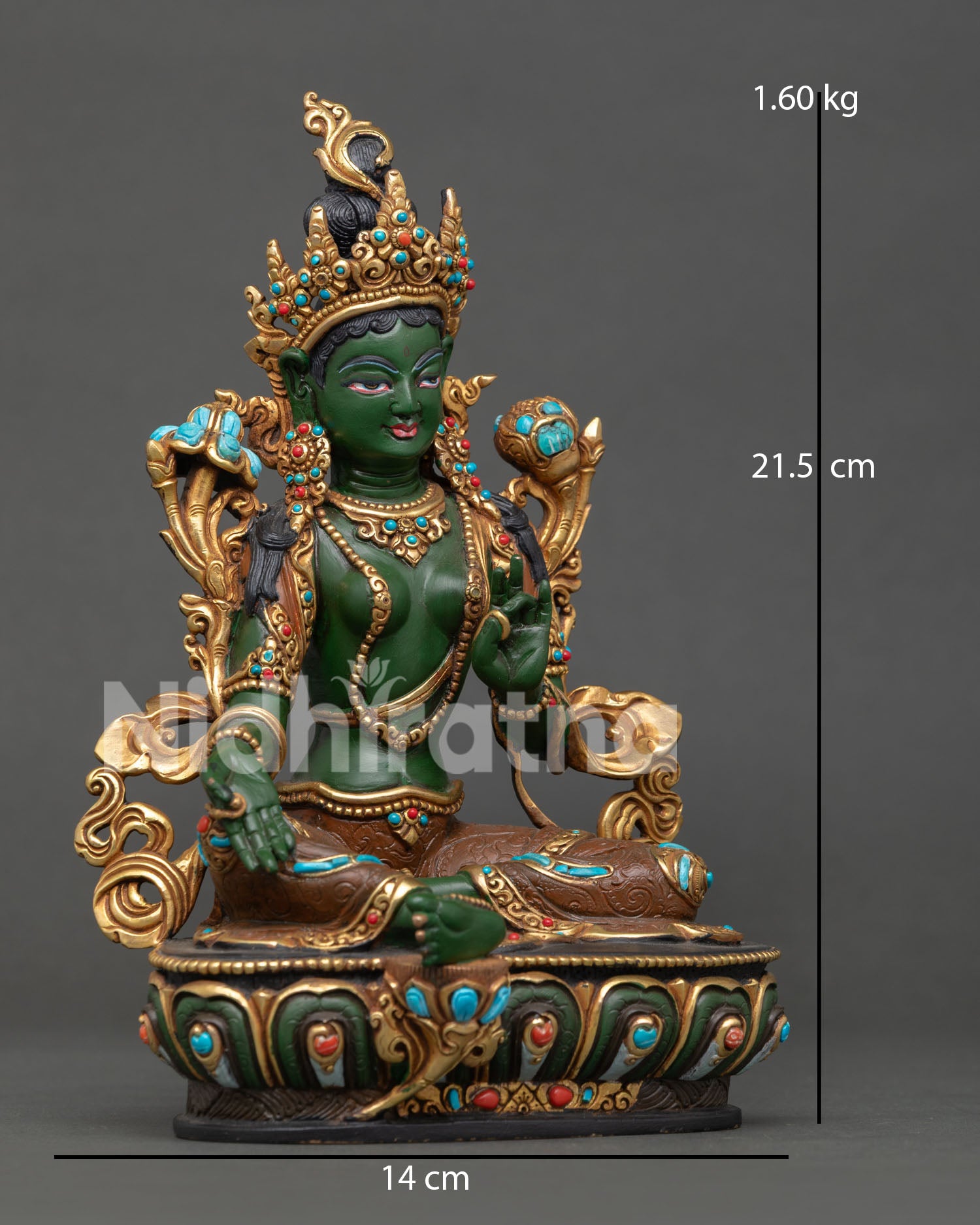 Side view of the Green Tara statue in Lalitasana posture with ornate Nepalese craftsmanship