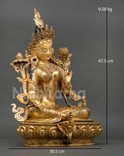 Side view of Green Tara statue in lalitasana posture with ornate throne and lotus pedestal craftsmanship