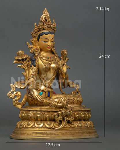 Side view of Green Tara Statue lost wax casting Himalayan Buddhist art lotus seat copper gilded meditation sculpture
