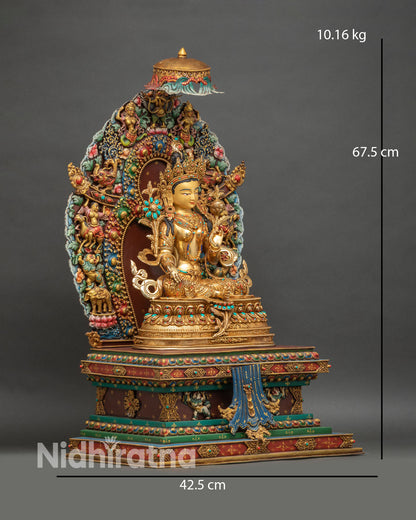 Side view of Green Tara statue with lotus seat and ornate hand-painted throne